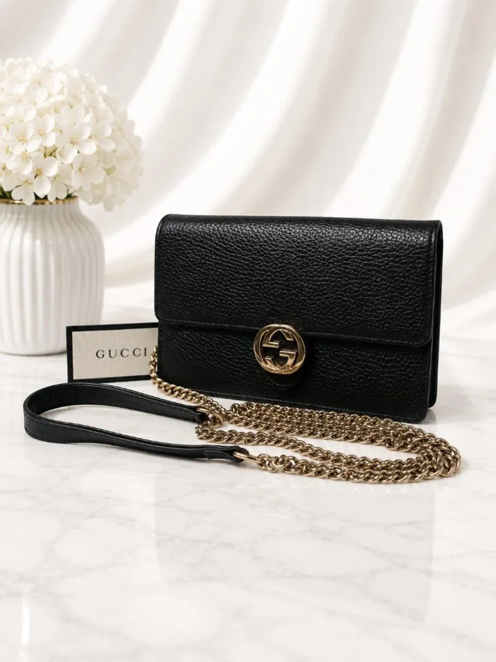 Authentic Gucci Interlocking G Chain Wallet Black Leather